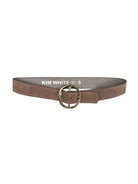Taupe suede belt with a gold-tone equestrian-style buckle.