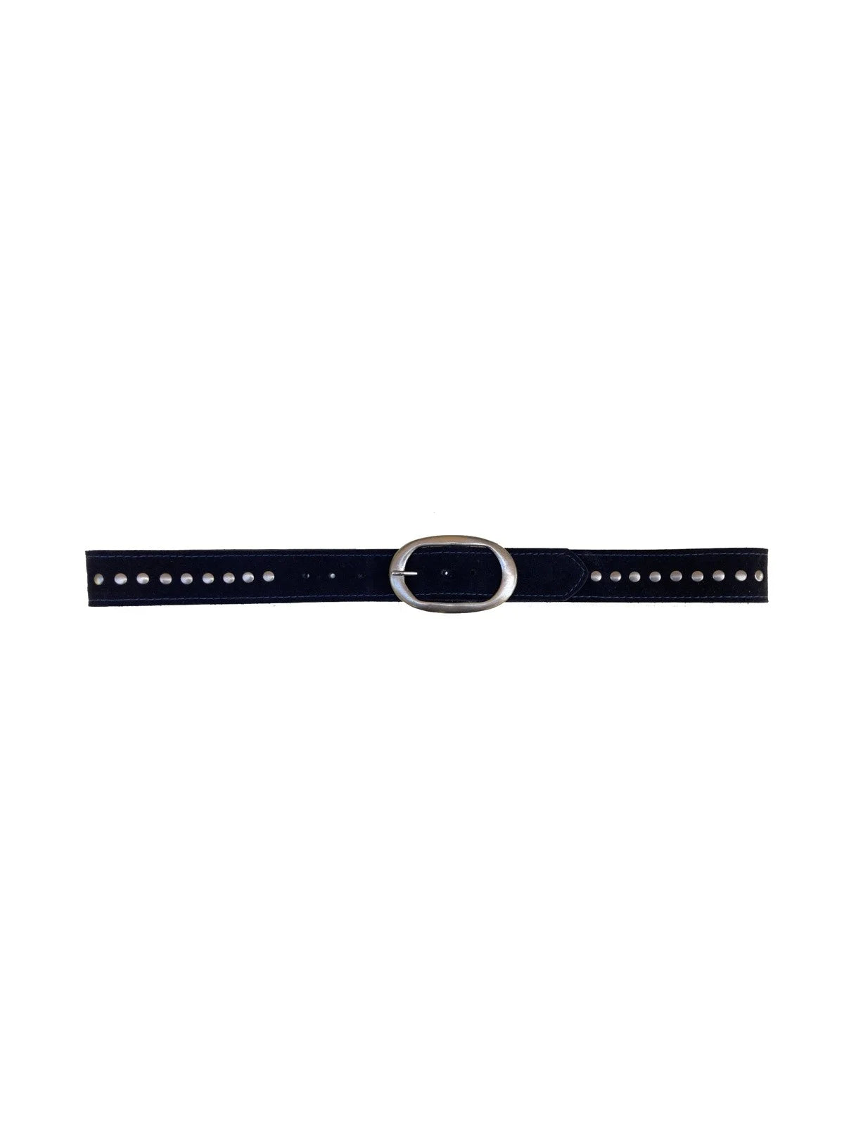 Black suede belt with an oval silver buckle and silver studs.