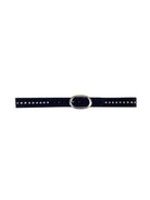 Black suede belt with an oval silver buckle and silver studs.