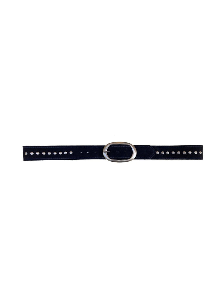 Black suede belt with an oval silver buckle and silver studs.
