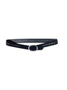 Dark blue suede belt with an oval silver buckle and two rows of small, round silver studs.
