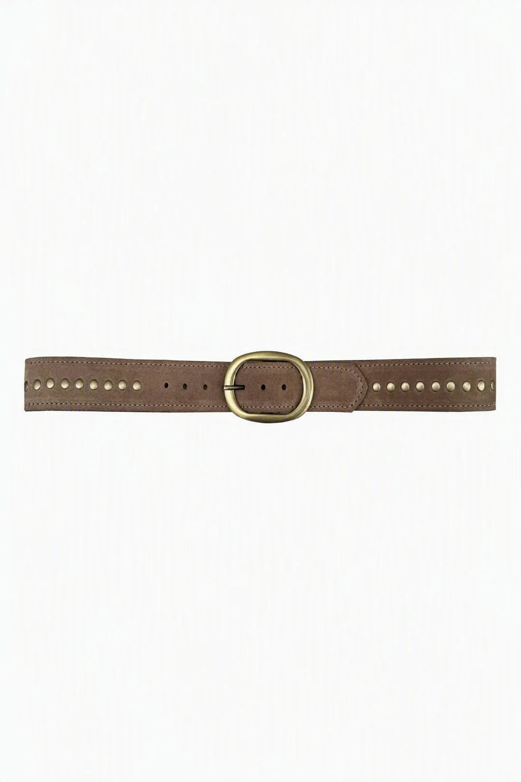 Taupe suede belt with oval brass buckle & small brass studs.