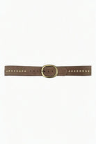 Taupe suede belt with oval brass buckle & small brass studs.