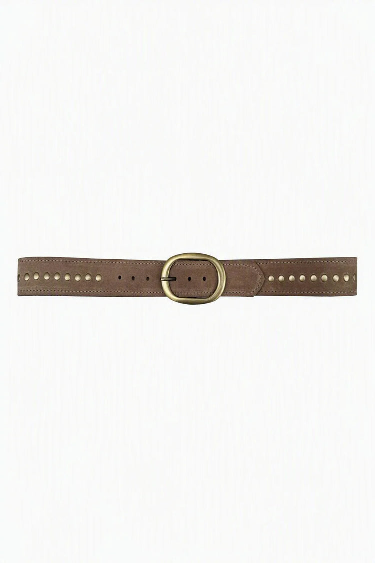 Taupe suede belt with oval brass buckle & small brass studs.