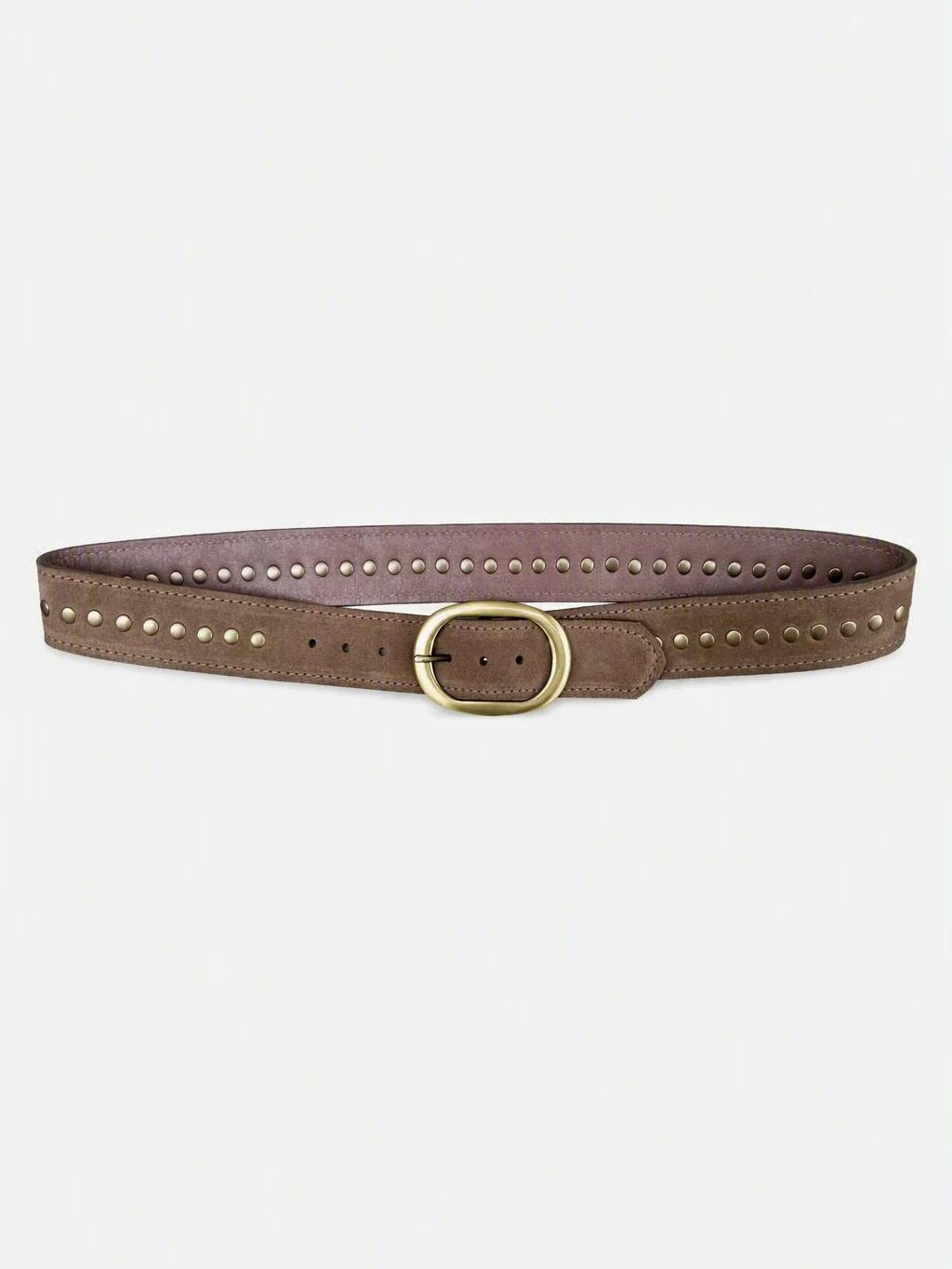 Taupe brown suede belt with two rows of gold-toned studs and an oval buckle.