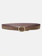 Taupe brown suede belt with two rows of gold-toned studs and an oval buckle.