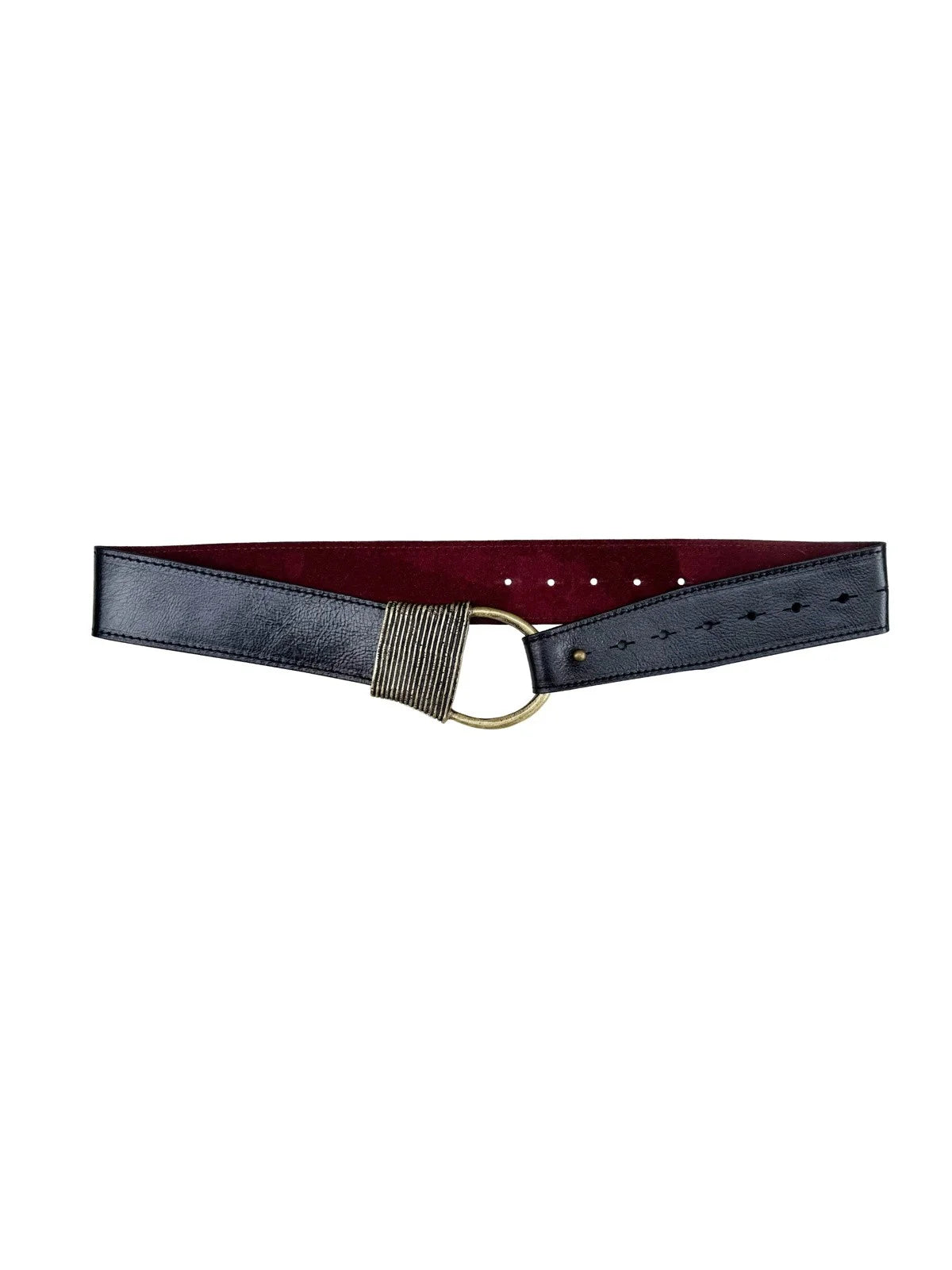 Black leather belt with burgundy underside. Gold D-ring buckle features a textured cast rope detail.