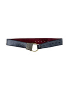 Black leather belt with burgundy underside. Gold D-ring buckle features a textured cast rope detail.
