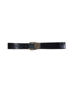 Black leather belt with an antique brass O-ring buckle. One side of the buckle is wrapped with parallel, rope-like strands.