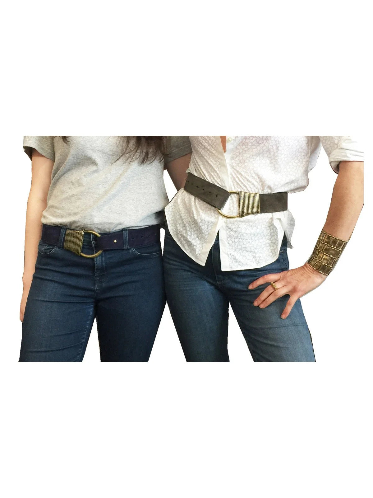 Two suede belts, navy and dark olive, with large antique gold cast rope buckles.