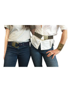 Two suede belts, navy and dark olive, with large antique gold cast rope buckles.