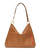 Tan leather hobo bag with gold hardware and an orange zipper accent.