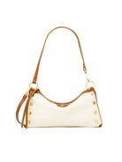Hammitt Kyle cream baguette bag with tan leather trim, gold studs on sides, and gold-toned hardware.