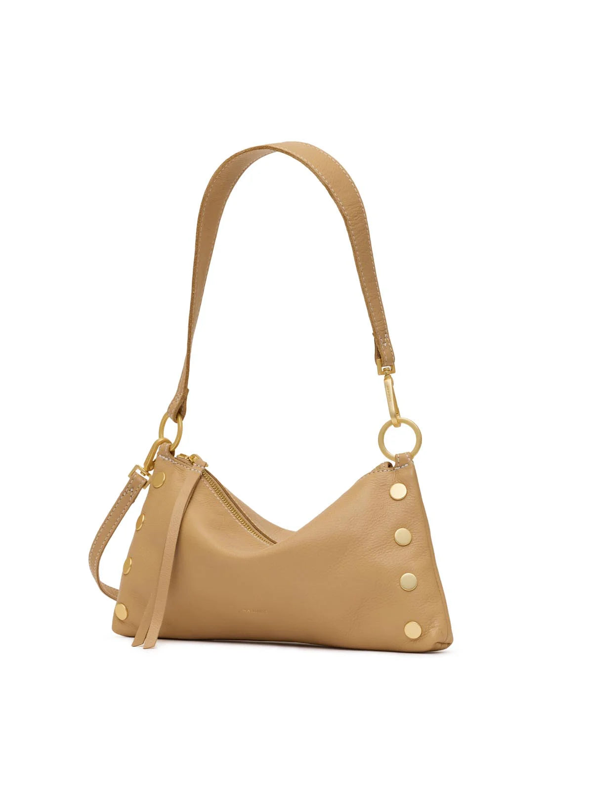 Tan Hammitt Kyle soft leather shoulder bag with gold hardware, top zipper, decorative studs, and a single strap.