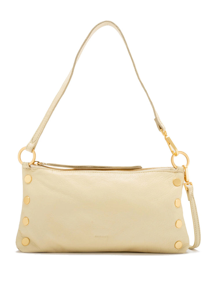 Pale yellow pebbled leather handbag with a shoulder strap, gold zipper, and distinctive gold studs.