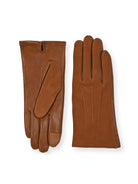 Brown leather gloves shown from two angles. One glove shows interior suede.