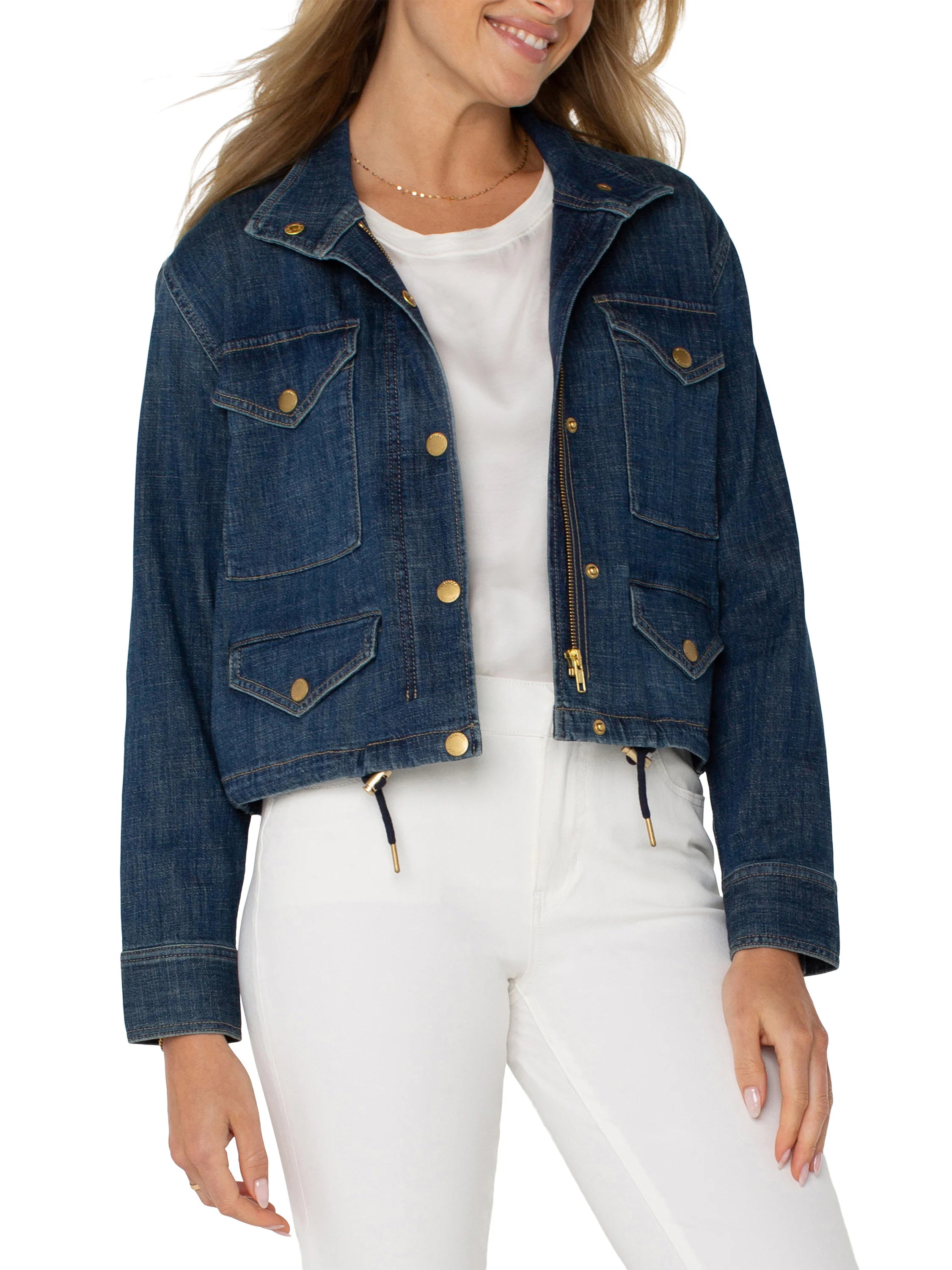 Cropped dark blue denim cargo jacket with gold zipper, snap buttons, four flap pockets, and drawstring waist.