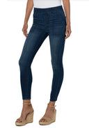 Dark wash denim pull-on jeans with pockets; elastic waistband.