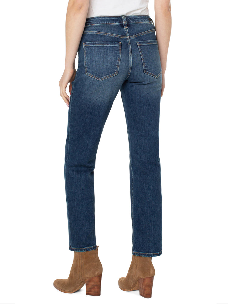 Here's alt text for the image, keeping it under 125 characters:

"Dark wash straight-leg jeans, button fly.  Back view...