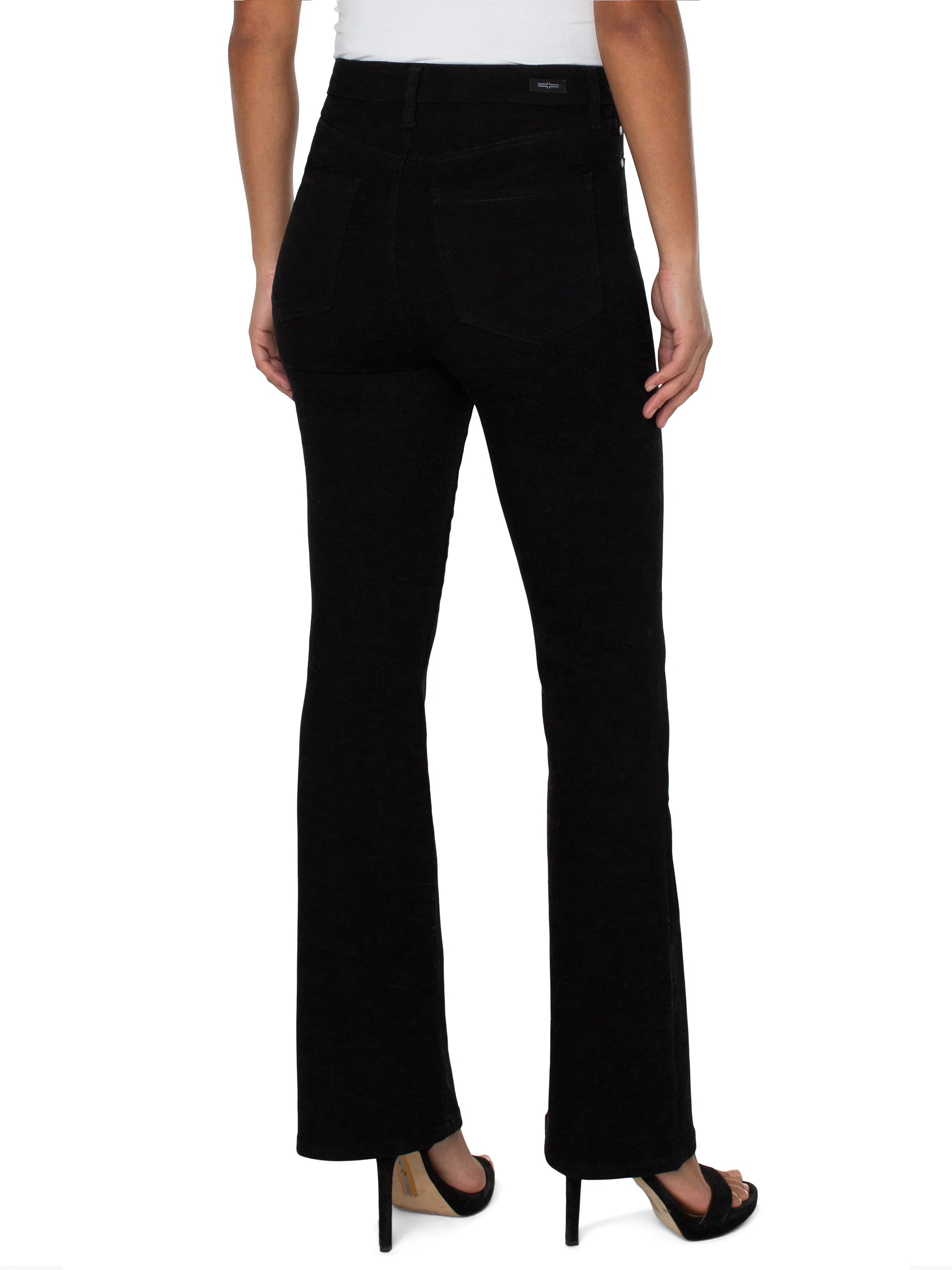 Black bootcut jeans, high-rise.  Back view shows pockets.