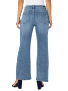 Rear view of light wash, wide-leg jeans with back pockets.