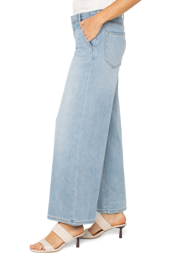 Light blue, wide-leg jeans; shown on a model from the side.