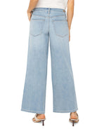 Light blue, wide-leg jeans; back view showing pockets.