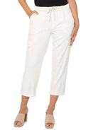 Off-white cropped cargo pants with drawstring waist and cuffed hems.  Features side pockets.
