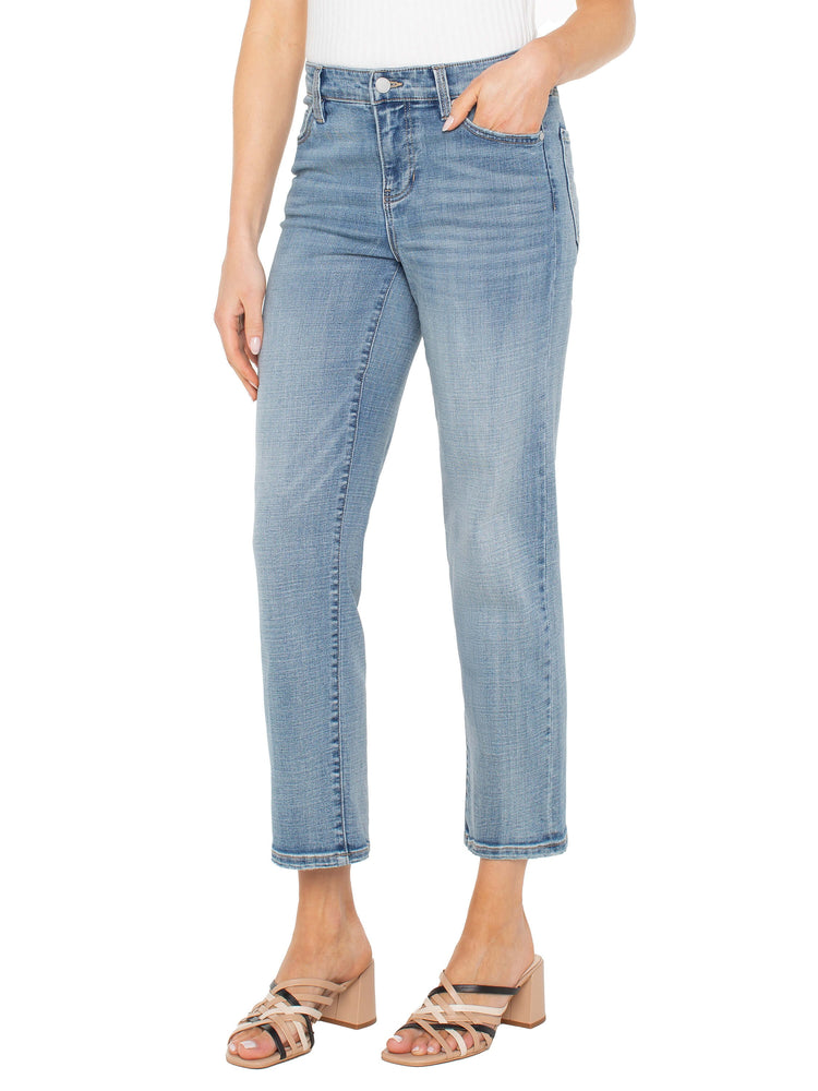 Light wash, straight-leg cropped jeans; shown on a model.  The jeans have a button closure.