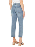 Light wash blue cropped straight-leg jeans; back view.