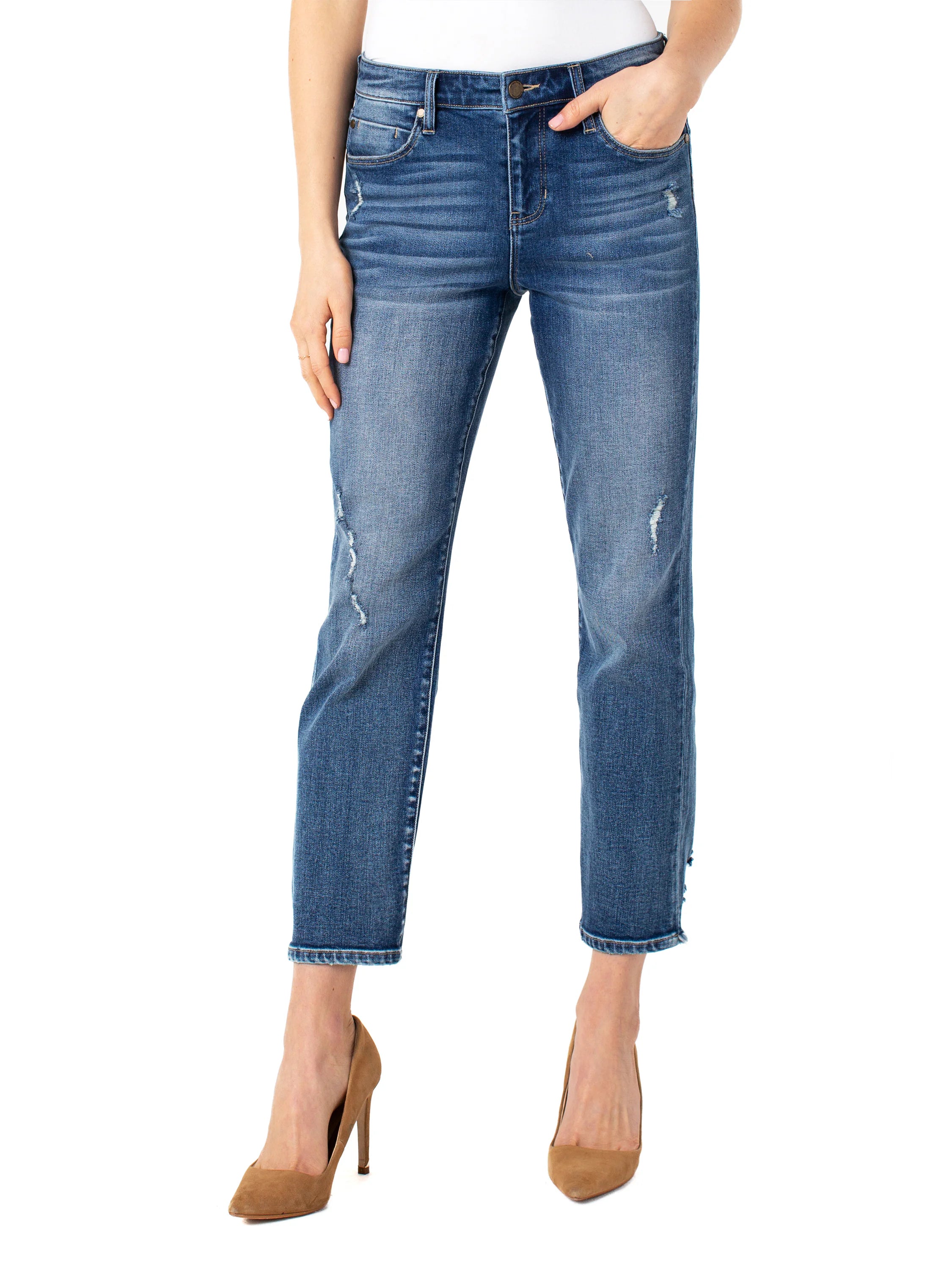 Mid-wash blue cropped straight leg jeans; distressed detailing at knees; slight frayed hems.