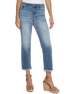 Light wash denim cropped straight leg jeans with frayed hems.  Distressed areas visible. Model wears tan wedge sandals.