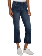Dark wash, cropped flare jeans with gold buttons.  Mid-rise.