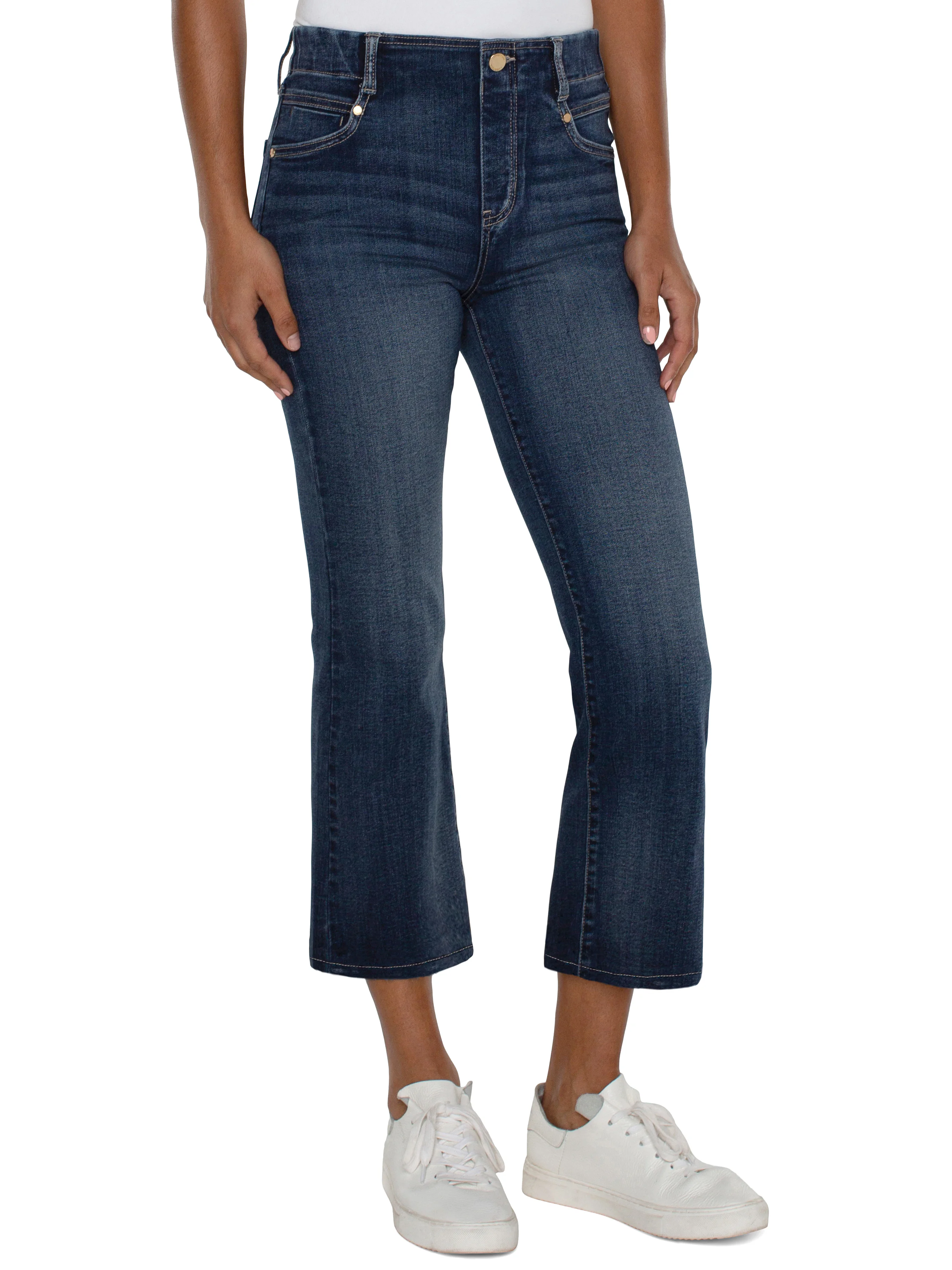 Dark wash, cropped flare jeans with gold buttons.  Mid-rise.