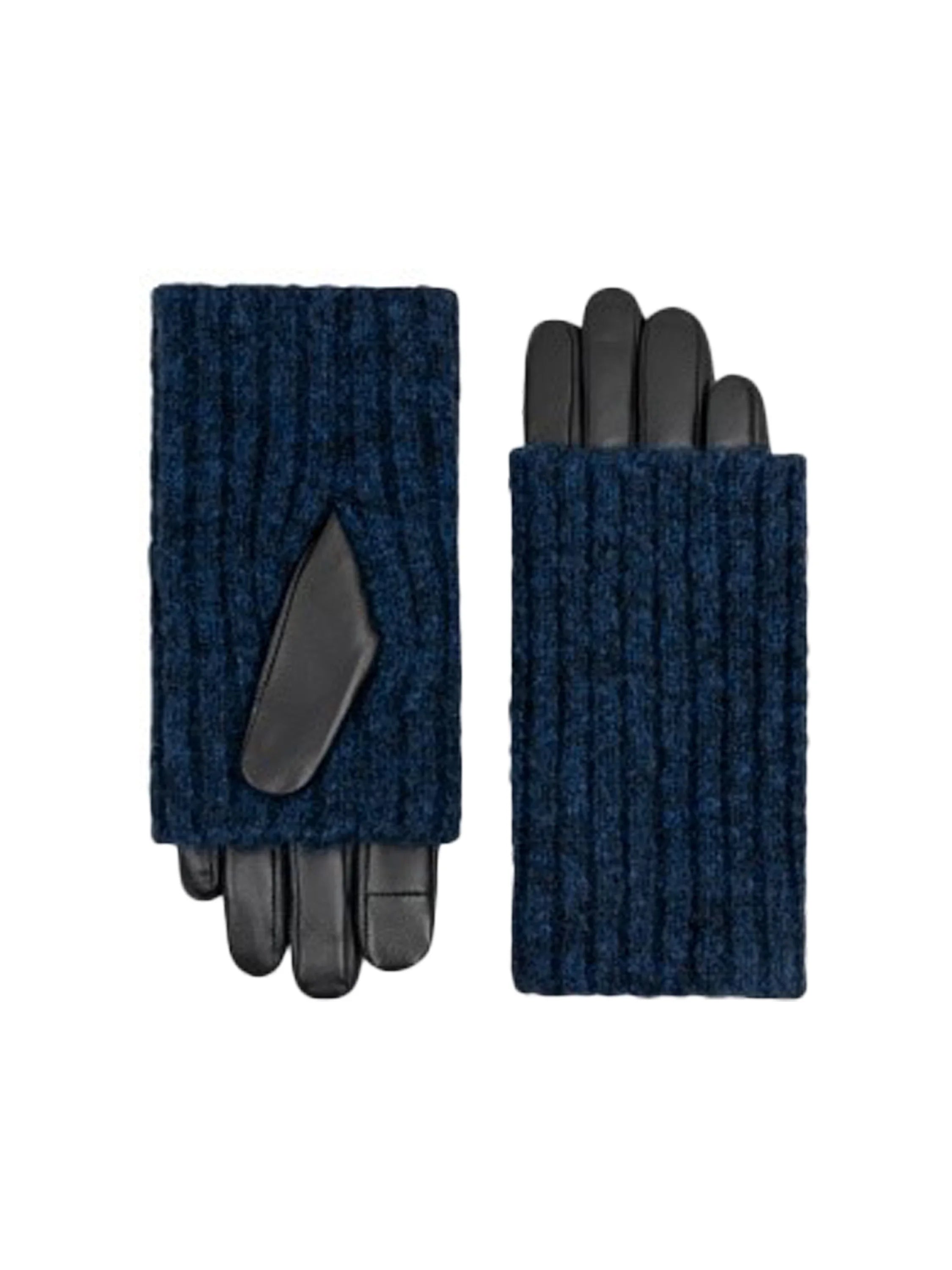 Pair of gloves; dark blue knit cuffs, black leather palms & fingers.  Cable knit texture.