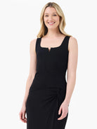 Black jersey tank with a square neckline featuring a central V-split.