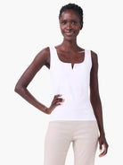White jersey tank with a wide square neckline and a V-notch detail.