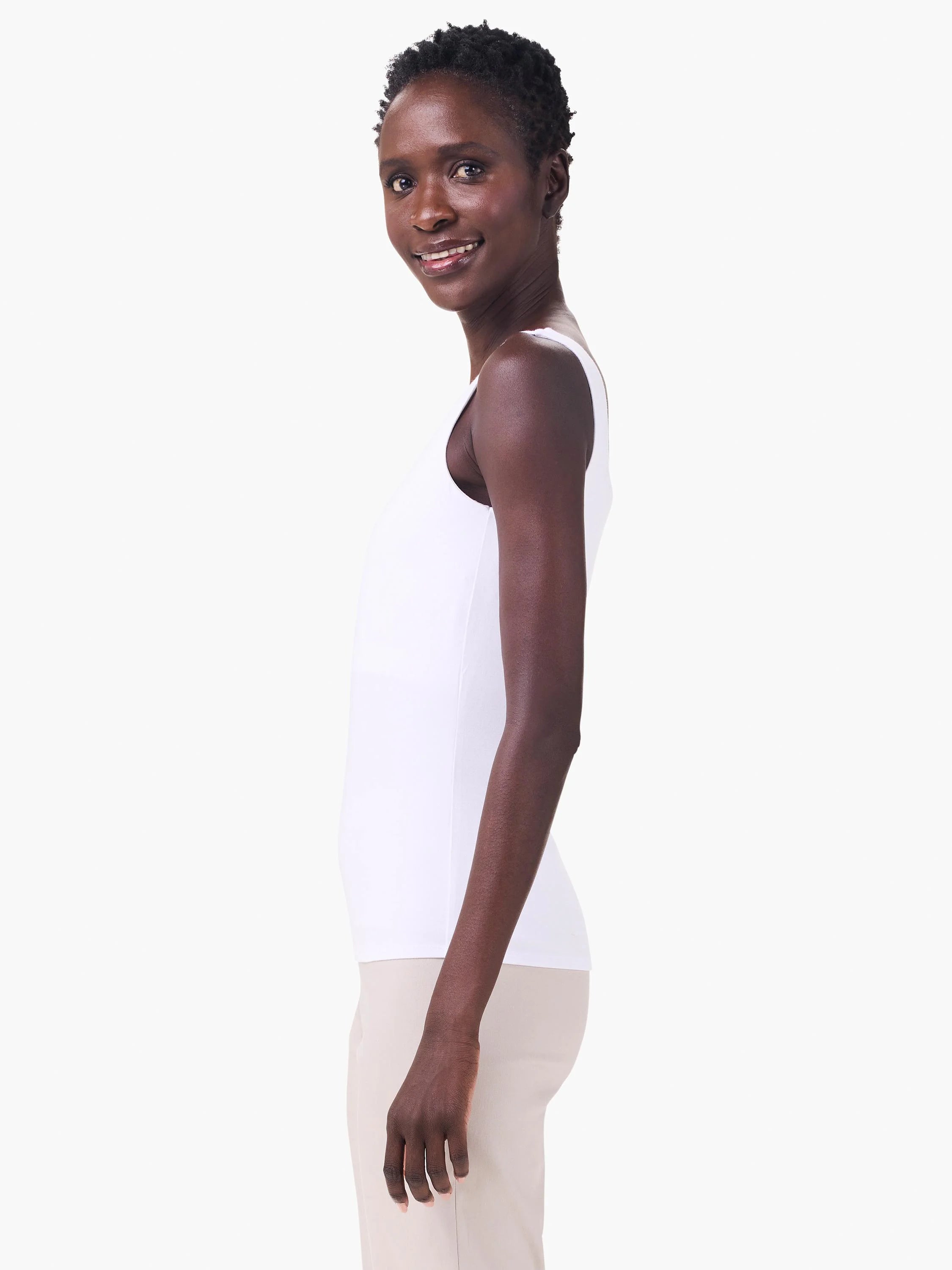 White, fitted jersey tank top, sleeveless with a scoop neck.