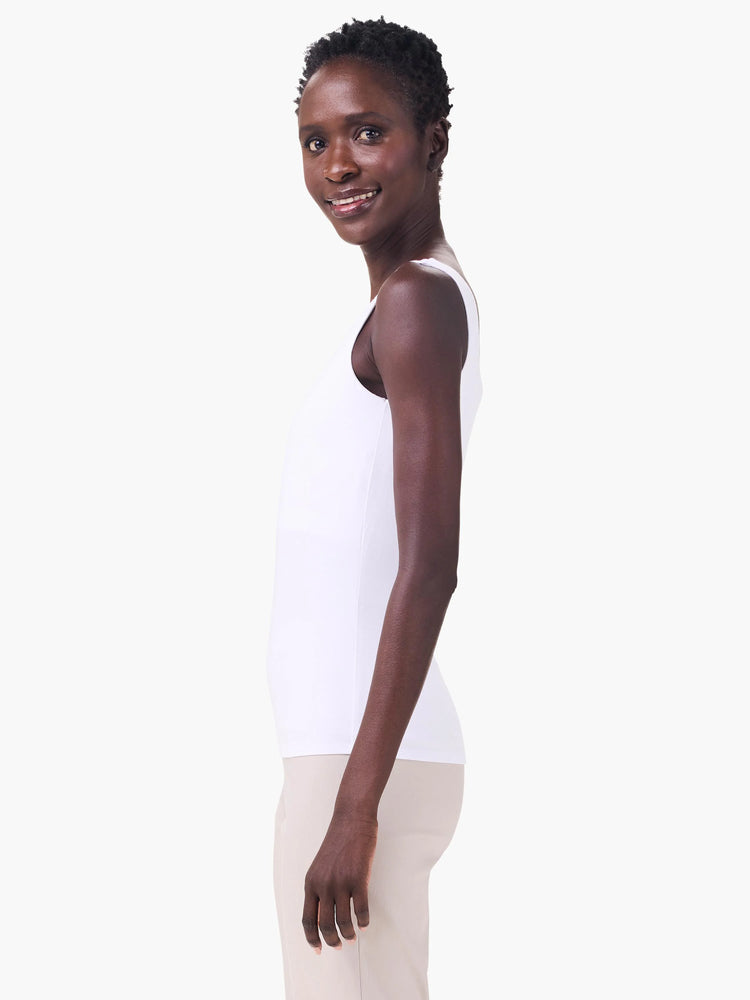 White, fitted jersey tank top, sleeveless with a scoop neck.