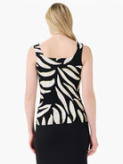 Black tank top with off-white/pale beige abstract leaf pattern outlined in yellow, square back neckline.