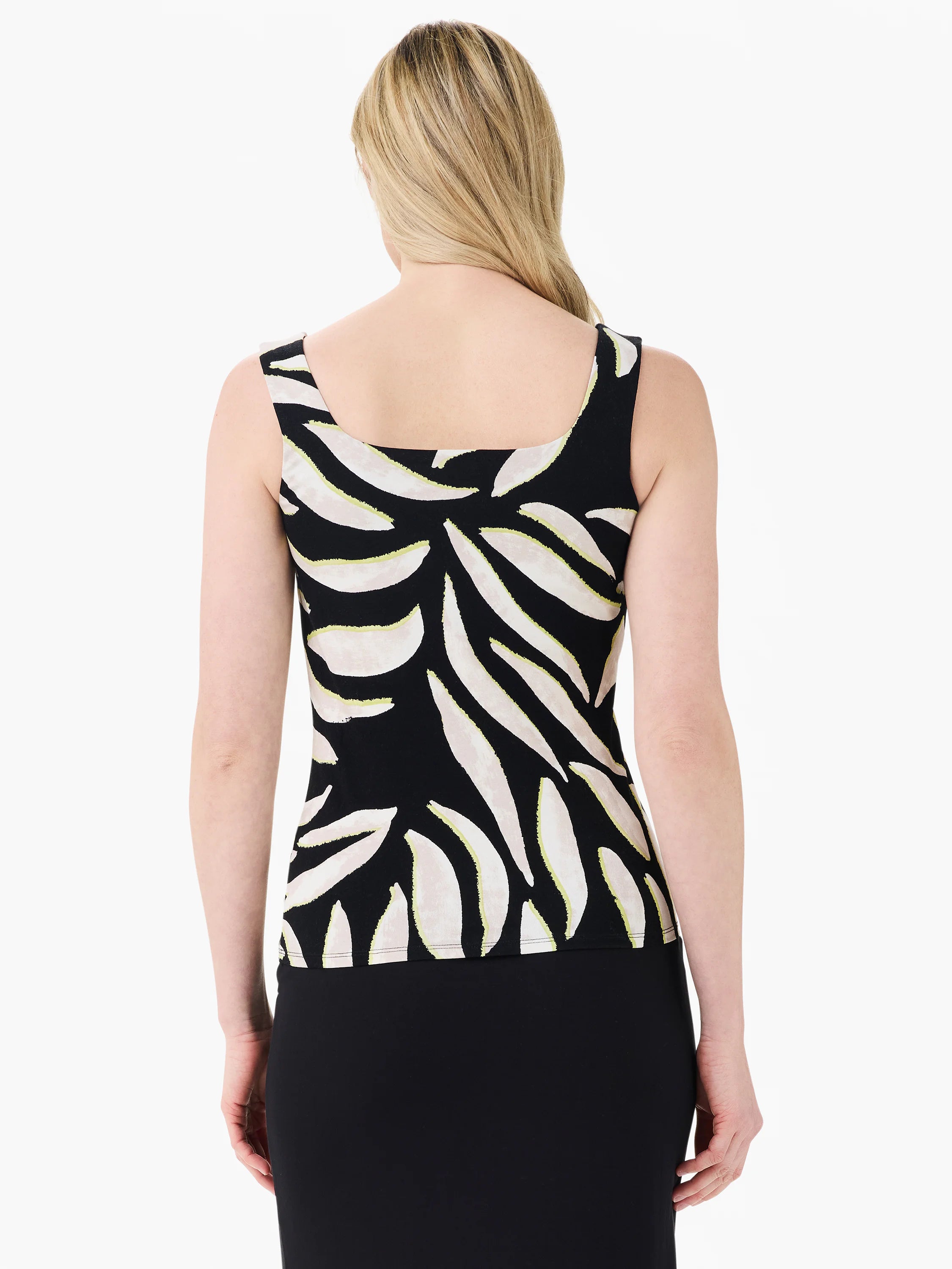 Black tank top with off-white/pale beige abstract leaf pattern outlined in yellow, square back neckline.