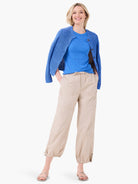 Blue ribbed knit short-sleeve crew neck tee.