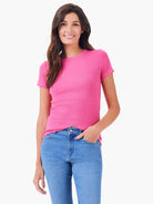 Pink ribbed short sleeve crew neck tee.