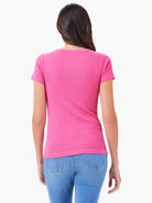 Bright pink rib-knit short sleeve crew tee, back view.