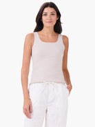 Light grey fitted tank top with a square neckline and wide straps.