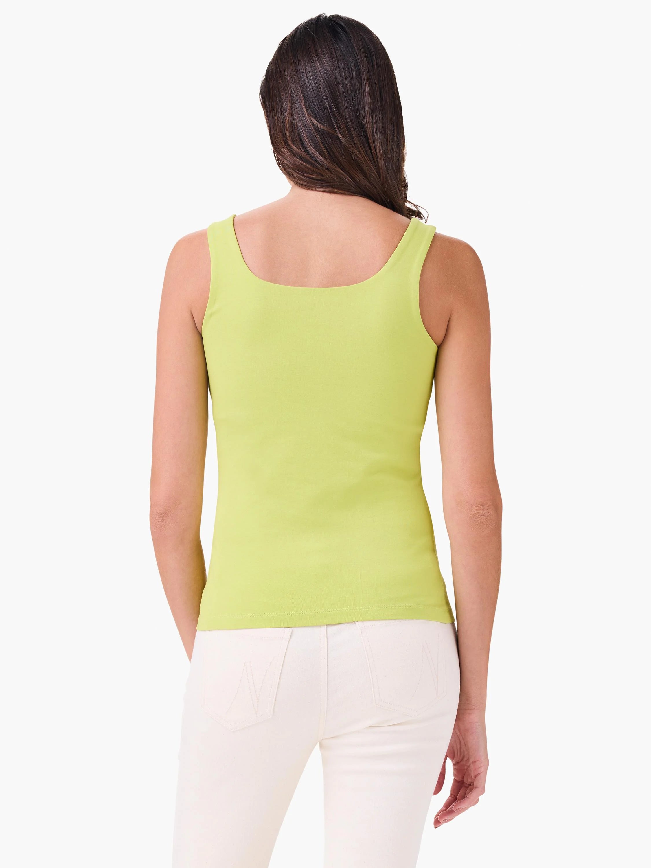 Lime green fitted tank top, square back neckline, sleeveless. Worn by a woman facing away.