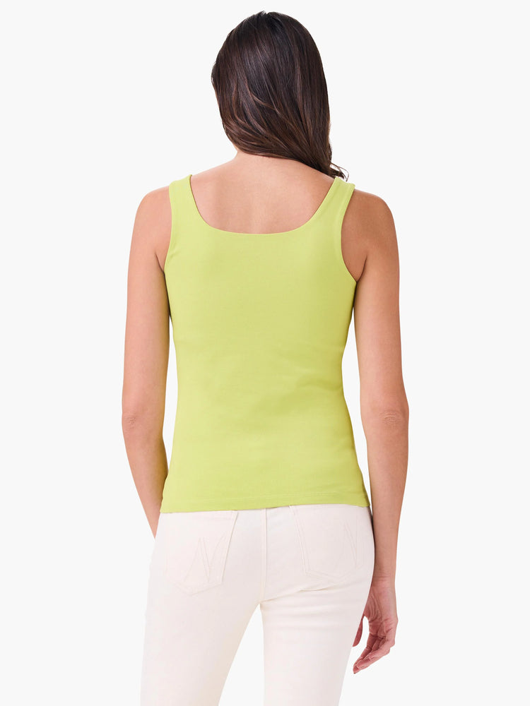 Lime green fitted tank top, square back neckline, sleeveless. Worn by a woman facing away.