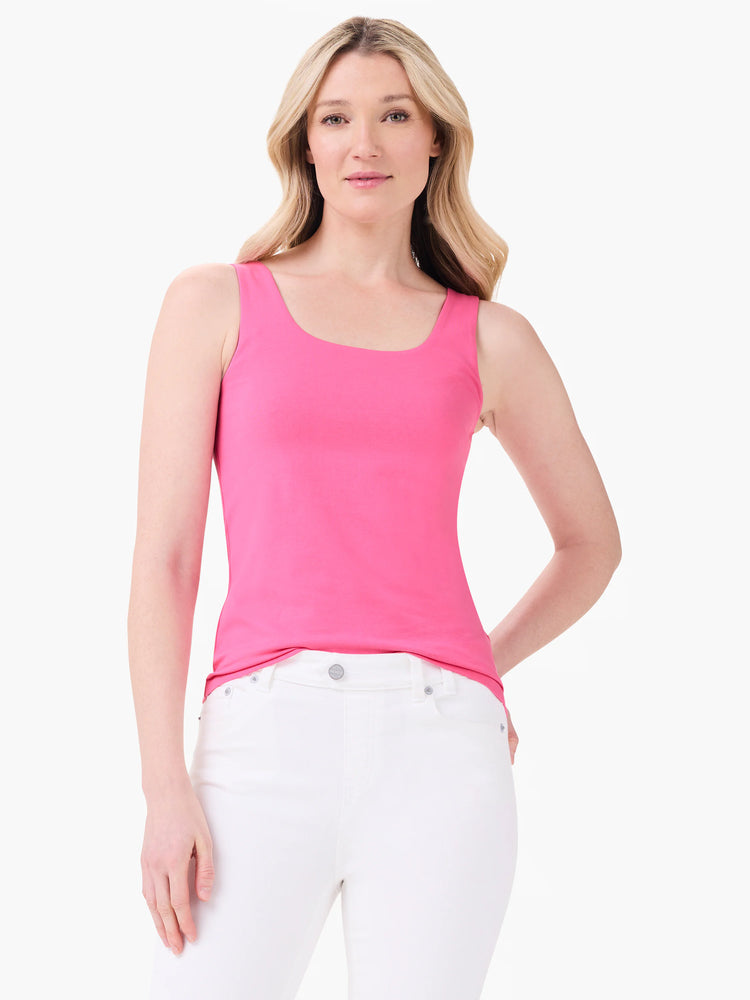 Bright pink fitted tank top with wide straps and a square neckline.