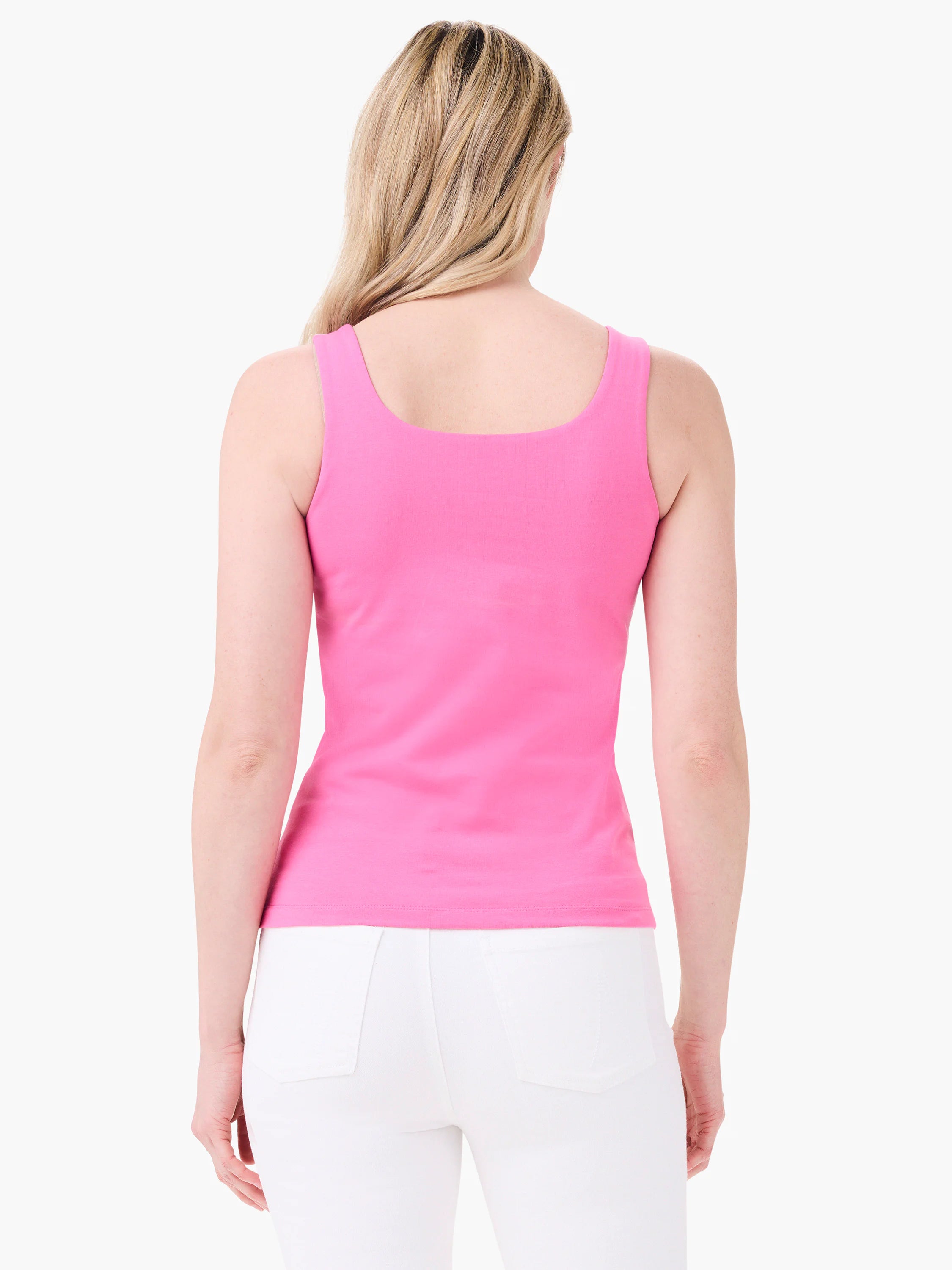 Bright pink sleeveless tank top, square neckline at back, modeled from behind.