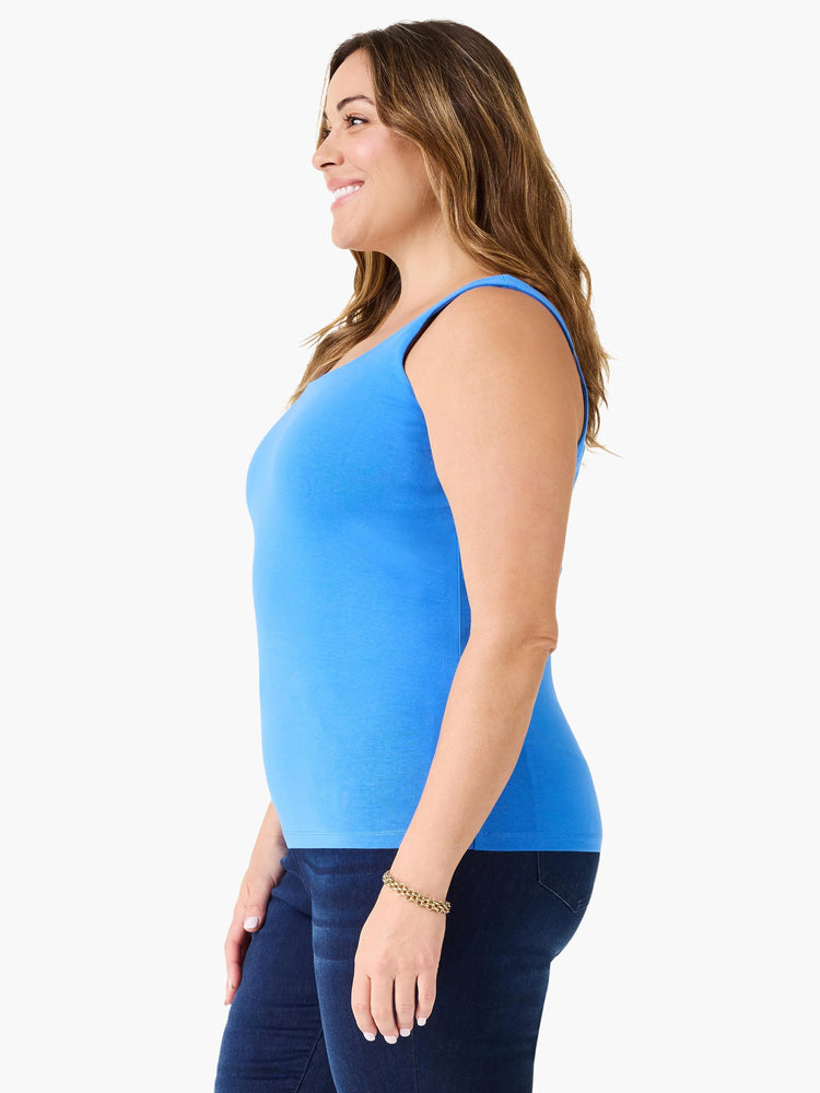 Bright blue tank top with wide straps. Solid color, close-fitting design.